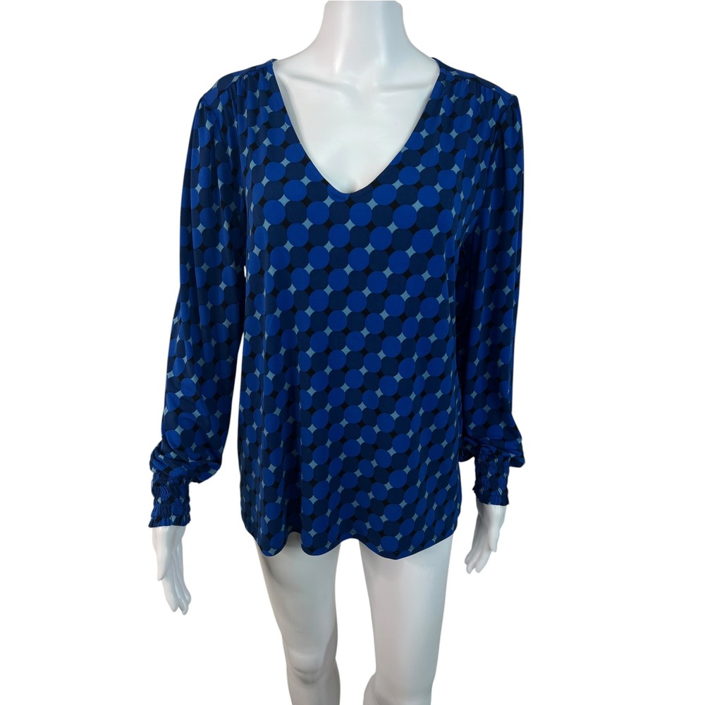 Ann Taylor Womens Top Blouse Blue Dot V-Neck Smocked Cuff Retro Casual Size M